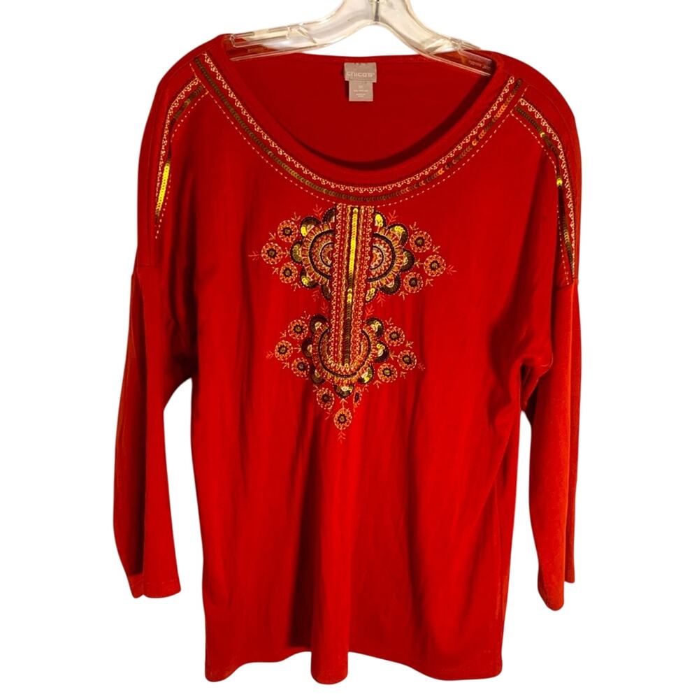 Chico's Blouse Women S Red Excellent Sequin Mandala Boho Embroidered Top